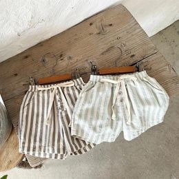 Shorts Vintage Linen Cotton Baby Boys Stripe Casual Buttons Pocket Design Short Pants For Toddler Girls Clothing 0-24M