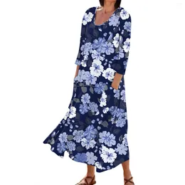 Casual Dresses Women'S Fashion Floral Printed Loose Patchwork Seven Sleeve Cotton Pocket Elegant For Women Sexy Dress