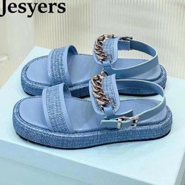 Sandals Summer Open Toed Flat Thick Sole Cane Weave Women Metal Chain Decor Back Strap Sandalias Ladies Comfort Vacation Shoes