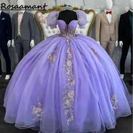 Lilac Sweetheart Short Sleeve Bow Ball Gown Quinceanera Dresses Crystal Beading Sequined Appliques Corset Vestidos De 15 Anos