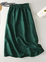 Skirts Women's Elegant Cotton Linen Skirt Solid Loose Casual Elastic Waist Green Summer Fashion