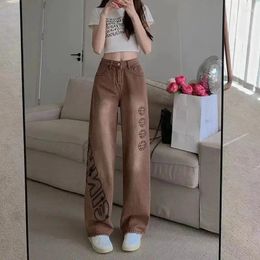 Women's Jeans Hip Hop Retro Wide Leg Women Letter Pattern Do Old Brown Pants Pocket High Waist Loose Streetwear Casual Straight Trousers