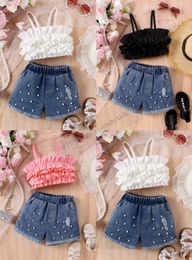 Kids princess clothes sets girls tiered falbala suspender tops with beaded hole denim shorts 2pcs summer children outfits Z7798