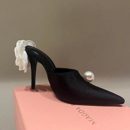 2024 Summer New Magda Butrym Sandals Shoes Women Pointed Toes Mules Faux Pearls Embellished Satin Mules Lady Stiletto Heels Lady Elegant Walking EU35-42