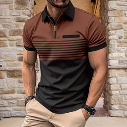 Fun striped Polo T-shirt for mens fashionable lapel zippered shirt hip-hop trend street clothing summer short sleeved top 240419