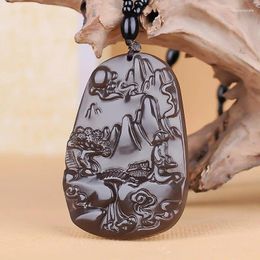 Pendants Natural Smoke Grey Hand Carved Landscape Jade Pendant Fashion Jewellery Men And Women Purple Painting NecklaceGift