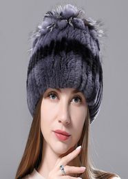 BeanieSkull Caps Russian Winter Real Fur Hat Natural Rex Rabbit Warm Cap Ladies Knitted 100 Geunine Hats 2211198917147