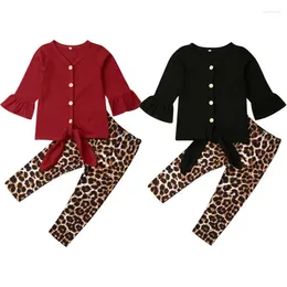 Clothing Sets 1-6Y Kids Baby Girls Clothes Solid Long Sleeve T-shirt Tops Leopard Legging Pants Outfits Set Tracksuit