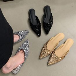 Slippers 2024 Autumn Women Bling Flat Slipper Fashion Pointed Toe Shallow Slip On Ladies Mules Shoes Heel Outdoor Sandal