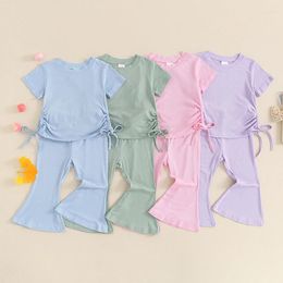 Clothing Sets FOCUSNORM 0-4Y Toddler Little Girls Clothes Short Sleeve Solid Ribbed Side Drawstring Tops Elastic Waist Flare Pants