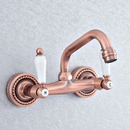 Kitchen Faucets Antique Red Copper Washbasin Faucet Wall Mount Sink Swivel Spout Bathroom Basin Cold Water Taps Dsf881