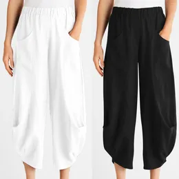 Women's Pants Women Casual Wide Leg Solid Colour Pocket Cropped High Waist Elastic Trousers Summer Loose Y2k Streetwear