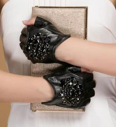 NH Winter Real Leather Gloves Women Fashion Brand High Quality Genuine Black Goatskin Stone Fingerless Gloves High Street Mitten2382133
