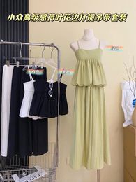 Work Dresses Coigarsam Summer 2024 Solid Spaghetti Strap White Black Top Shirt Skirt Suit