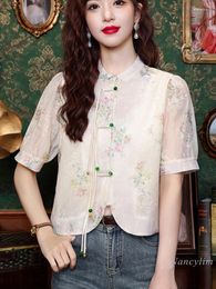Women's Blouses Chinese Style Improved Cheongsam Chiffon Shirt Clothing 2024 Summer Floral Short Sleeve Top High-Grade Blouse