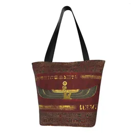 Shopping Bags Custom Golden Egyptian Hieroglyphs Canvas Bag Women Portable Groceries Ancient Egypt Ethnic Art Shopper Tote