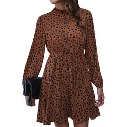 Casual Dresses Women'S Fashion Round Neck Midi Skirt Polka Dot Print High Long Sleeve Dress Fashionable And Simple