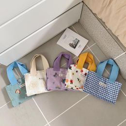 Storage Bags Korean Cute Lunch Bag Canvas Small Handbag Plaid Tote Children School Lunchbox Picnic Food Pouch Handbags