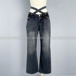 Women's Jeans Niche Design 2024 Spring Summer Floral Low Rise Cross Wrap Belt Straight Leg