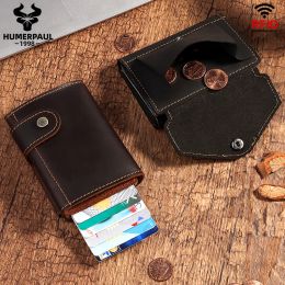 Holders Crazy Horse Leather Men Wallets Luxury RFID Protection Aluminium Pop Up Credit Card Holder Zipper Coin Pocket for Man