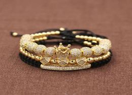 3pcsSet Hip Hop Gold Crown Bracelets 8MM Cubic Micro Pave CZ Ball Charm Braided Braiding Man Luxury Jewellery Pulseira Bileklik Bea1402777