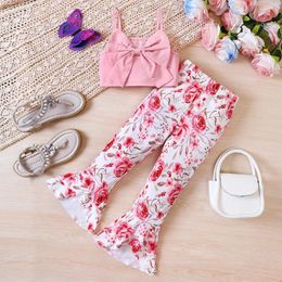 Clothing Sets 2024 Summer Child Clothes Sleeveless Bow Tops Print Floral Pink Pants 2 Piece Designer Girls 18M-6T