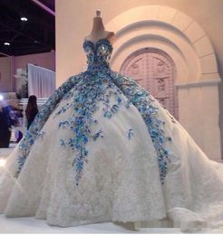 Luxury Blue Appliqued Ball Gown Wedding Dresses Sweetheart Neckline Sequins Lace Chapel Train Custom Made Wedding Bridal Gown2610815