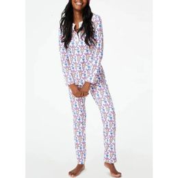 Monkey Pyjama Set y2k Loungewear Women Cute Pattern Lapel Collar Button Down Long Sleeve Shirt Top and Trousers 2000s Sleepwear 240407