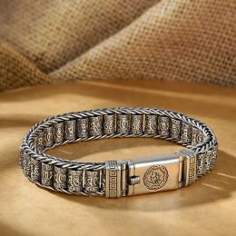 Bangles Handmade Creative Passepartout Prayer Wheel Bracelet Men's Sterling Silver Female Transfer Beads SixCharacter Mantra Retro