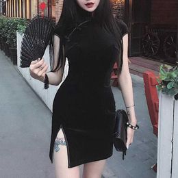 Urban Sexy Dresses Goth Dark Women Dress Cheongsam Chinese Style Skinny Mini Dress Streetwear Sexy Vintage Haraiuku Summer Women Clothing Slim 2023 Y240420