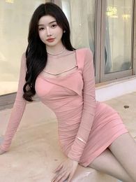 Casual Dresses /Autumn Spring Nightclub Style Sexy Purple Wrapped Hip Skirt Spicy Girl Square Neck Long Sleeved Solid Slim Fit GBSX