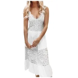 Casual Dresses Ladies Embroidery Lace Patchwork Sexy Long Dress Women V-Neck Low Cut Sleeveless See-Through Party Vestidos