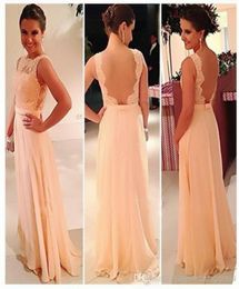 High Quality Open Back 2019 Chiffon Lace Backless Long Peach Colour Bridesmaid Dress Party Dress Prom Big Discount8851348