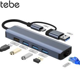 Hubs Tebe USBA+USBC Hub Adapter Type C to Gigabit RJ45 Ethernet USB 3.0 Splitter for Macbook iPad Samsung Xiaomi 5Port USB Hub