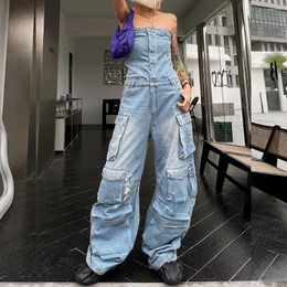 Women's Jeans 2024 Fashionable Street Style Bra Waistband Show Shape Multi Pocket Denim Overalls Jumpsuit