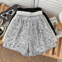 Women Shiny Sequin Elastic Waist Thin A line Wide Leg Pants Shorts Summer Casual Chic Fashion Versatile Pants 240419