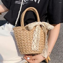 Shoulder Bags Brand Woven Tote Handbags For Women Straw Weave Bag Pearl Chain Crossbody Ladies Summer Beach Messenger Sac