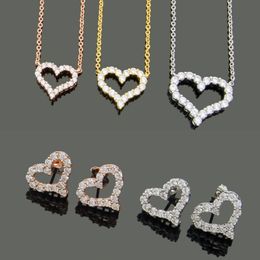 Designer Jewelry Women Diamond Heart Pendant Necklaces Rose gold Earrings Suits Never Fading Stainless Steel 3 Colors Silver Golde248p