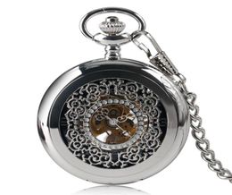 Classic Silver Mechanical Hand Winding Pocket Watch Men Women Carving Grilles Hollow Pendant Fashion Chain Steampunk Gift T2005025798830