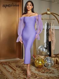 Casual Dresses Sexy Women's Purple Bandage Dress One Line Neck Perspective Sheer Lantern Sleeves Bodycon Midi Evening Party Vestidos