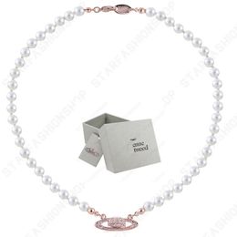 Saturn Necklaces Pearl Beaded Diamond Tennis Necklace Woman Silver Chains Vintage Trendy Style Desigenr With box283T