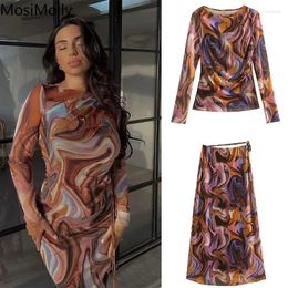 Casual Dresses MosiMolly 2024 Print Mesh Dress Women Party Club Two Pieces Chic