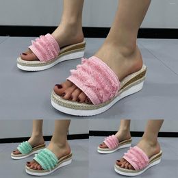 Slippers Ladies Fashion Summer Bohemian Tassel Coloured Fabric Face Open Toe Slope Lace Up Heels Sandals For Women Wedge