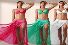 Sarongs Women Sheer Mesh Bikini Cover Up Solid Color Summer Longs Dress Beach Sarongs Pareo Long Wrap Dress Split Skirts8705217