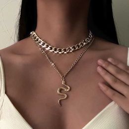 Pendant Necklaces Gothic Multi Layer Golden Snake Pendant Cuban Chain Necklace For Women Crystal Animal Letter Choker Clavicle Chain Punk Jewellery Y240420