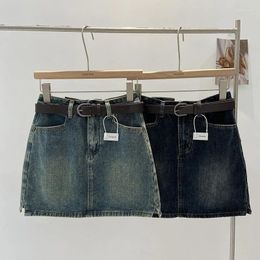 Skirts Denim Skirt Women Belt High Waist Pockets Side Split Streetwear Korean Style Autumn Anti-emptied Mini A-line Drop