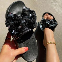 Slippers Women Shoes Flat Beach Fashion Shiny Flashing Diamond Bow Knot Sandals