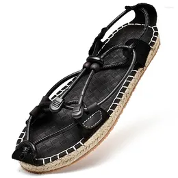 Sandals 2024 Style Retro Cowhide And Weaved Straw Men Brand Summer Fashion Breathable Comfy Casual Leather Slippers