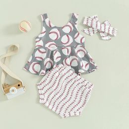 Clothing Sets Girls Summer 3PCS Shorts Sleeveless Crewneck Baseball Fruit Print Tank Tops PP Headband