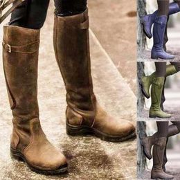 Boots Women Winter Fashion Leather Low Heel Zipper Knight Vintage Outdoor Riding Long Knee High